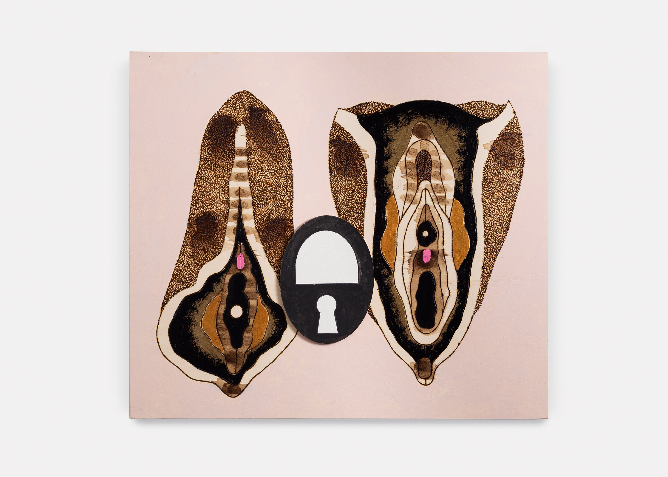 Concetto Pozzati, „Vulv’are“, 2015-16, Pyrographie und Collage auf Holz,  70 x&nbsp;80&nbsp;cm, Foto: Stefano Maniero