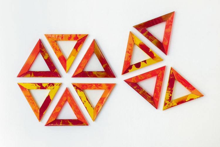 Carla Accardi, Stella (Dieci triangolo rossogialli), 198, sicofoil on painted wooden stretcher, 10 elements, 35×35 cm each, arch. n. 800, Courtesy Archivio Accardi Sanfilippo and Francesca Minini, Photo Andrea Rossetti
